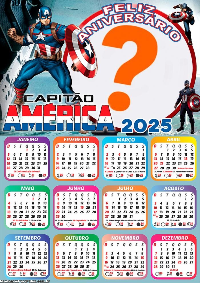 Calendário 2025 Feliz Aniversário Capitão América Montagem Online