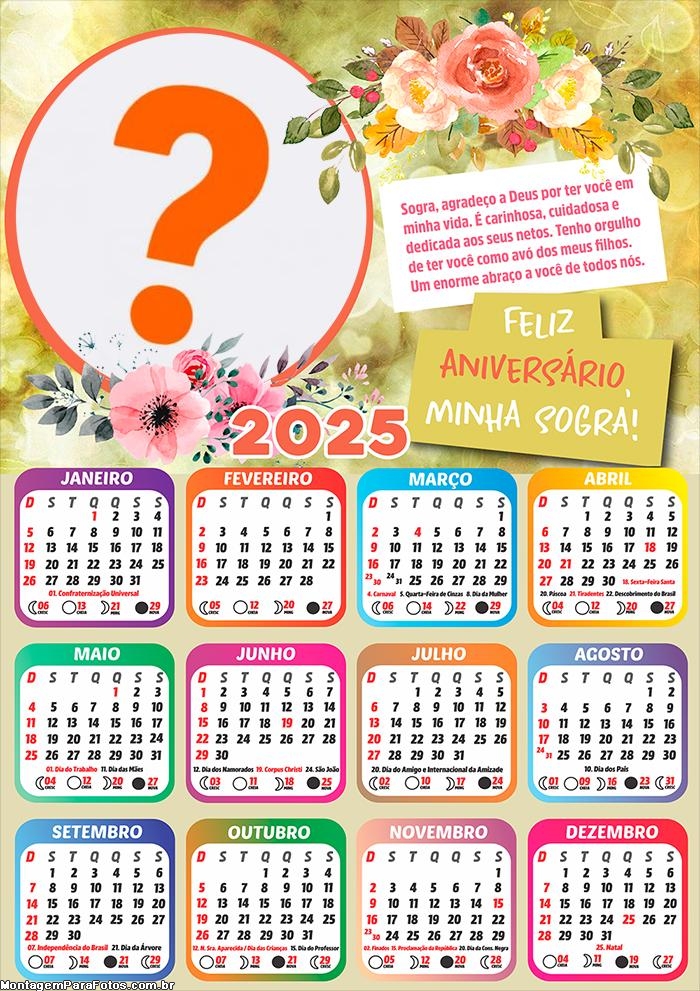 Calendário 2025 Feliz Aniversário Sogra Colagem de Foto