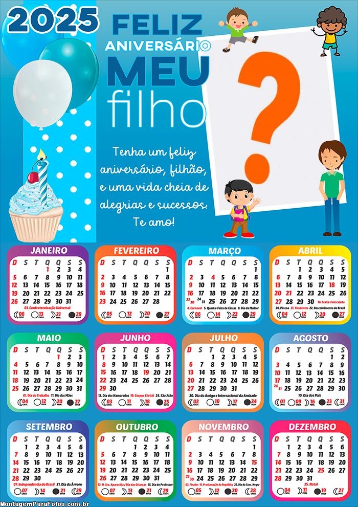 Calendário 2025 Feliz Aniversário Meu Filho Colagem de Foto