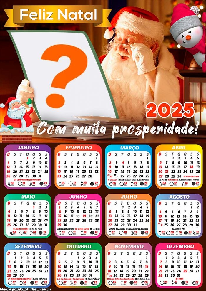 Calendário 2025 Feliz Natal e Prosperidade Frase Montagem de Foto