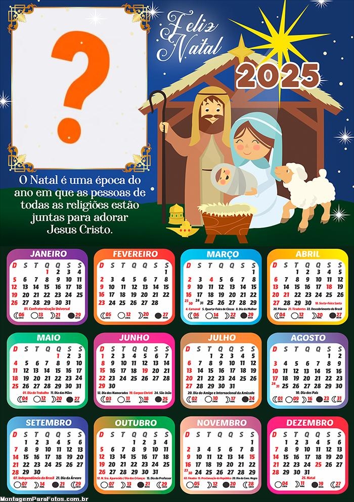 Calendário 2025 Presépio de Natal com Mensagem Colagem de Foto