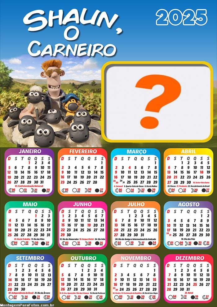 Calendário 2025 Shaun O Carneiro Foto Montagem Online