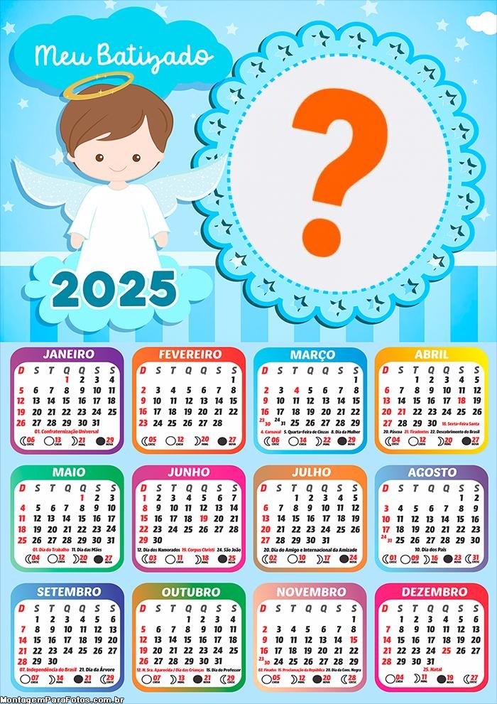 Calendário 2025 Batizado Meninos Foto Montagem Online