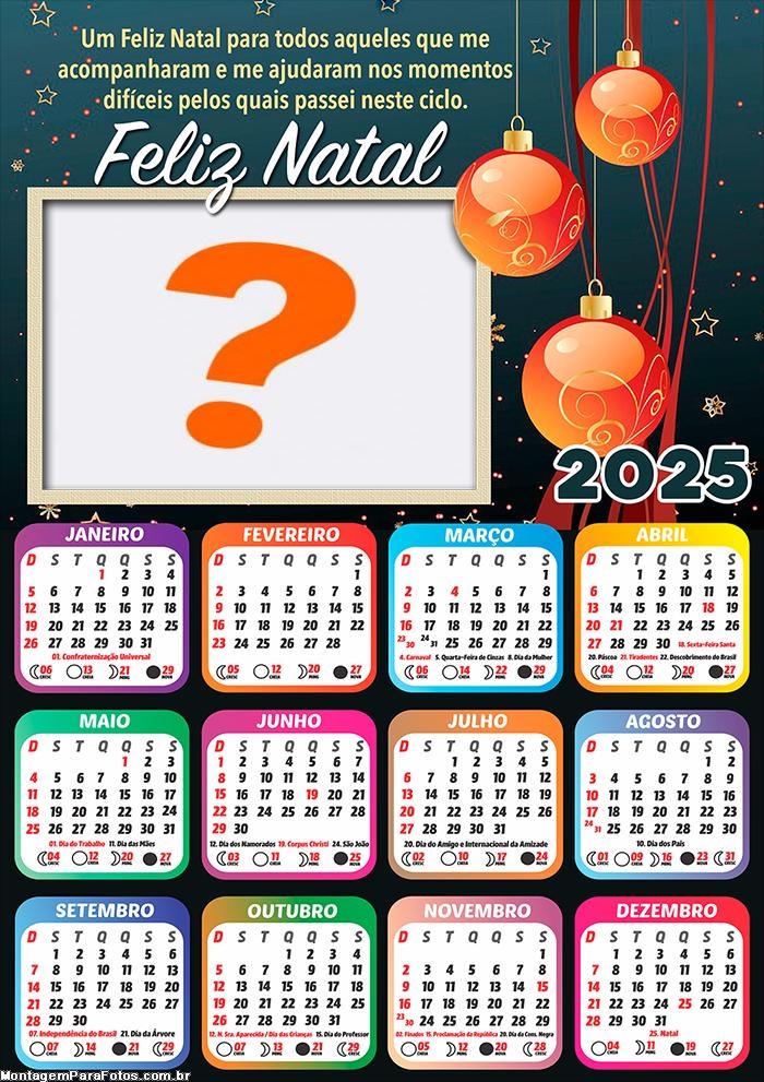 Calendário 2025 Feliz Natal Todos que me Ajudaram