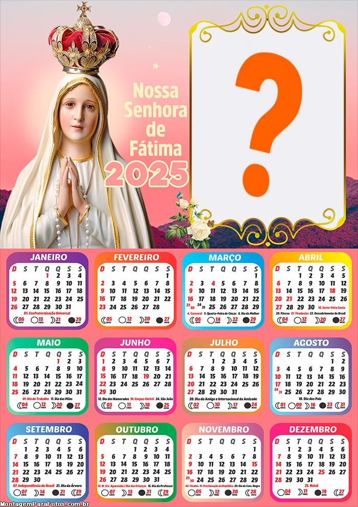 Calendário 2025 Nossa Senhora de Fátima Foto Montagem Grátis