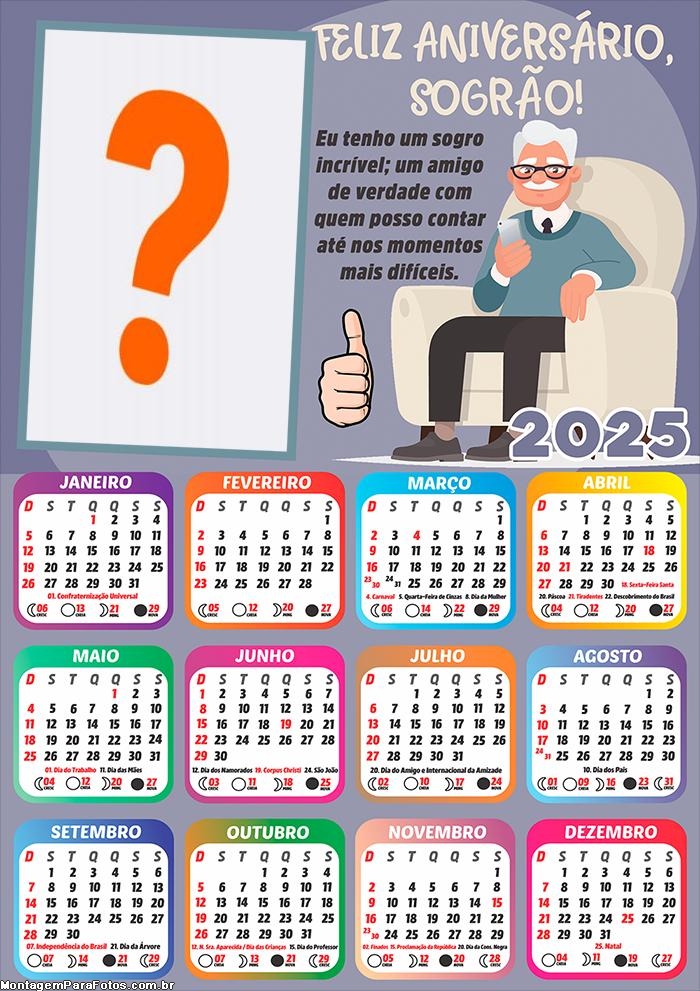 Calendário 2025 Feliz Aniversário para Sogro Colagem de Foto