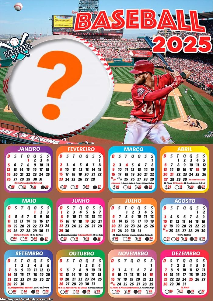 Calendário 2025 Baseball Foto Montagem Online Colagem de Foto