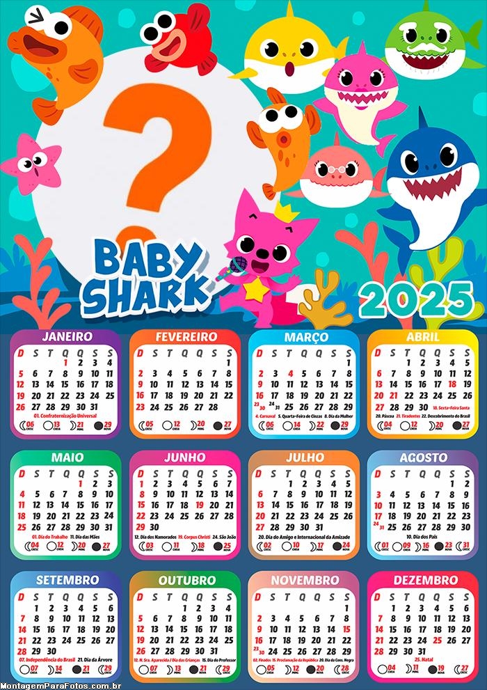 Calendário 2025 Personagens Baby Shark Montagem Grátis Online