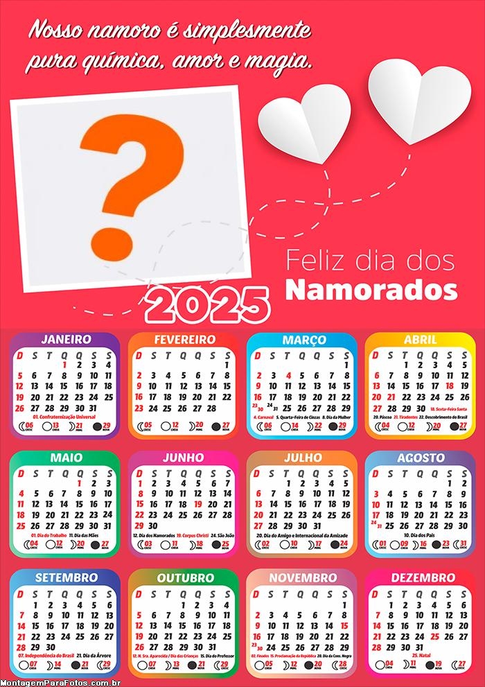 Calendário 2025 Dia dos Namorados pura Química Online