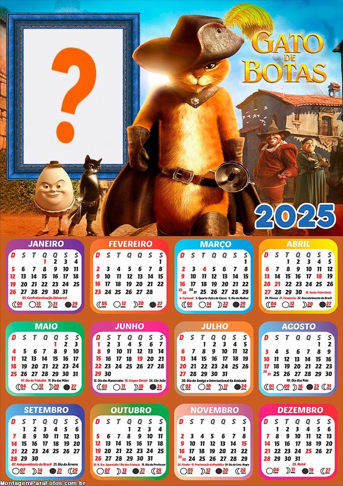 Calendário 2025 Gato de Botas Colagem Online Grátis