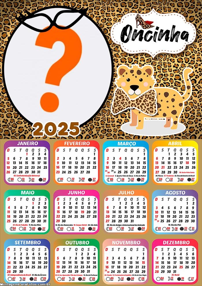 Calendário 2025 Oncinha Tema Montagem Grátis Online