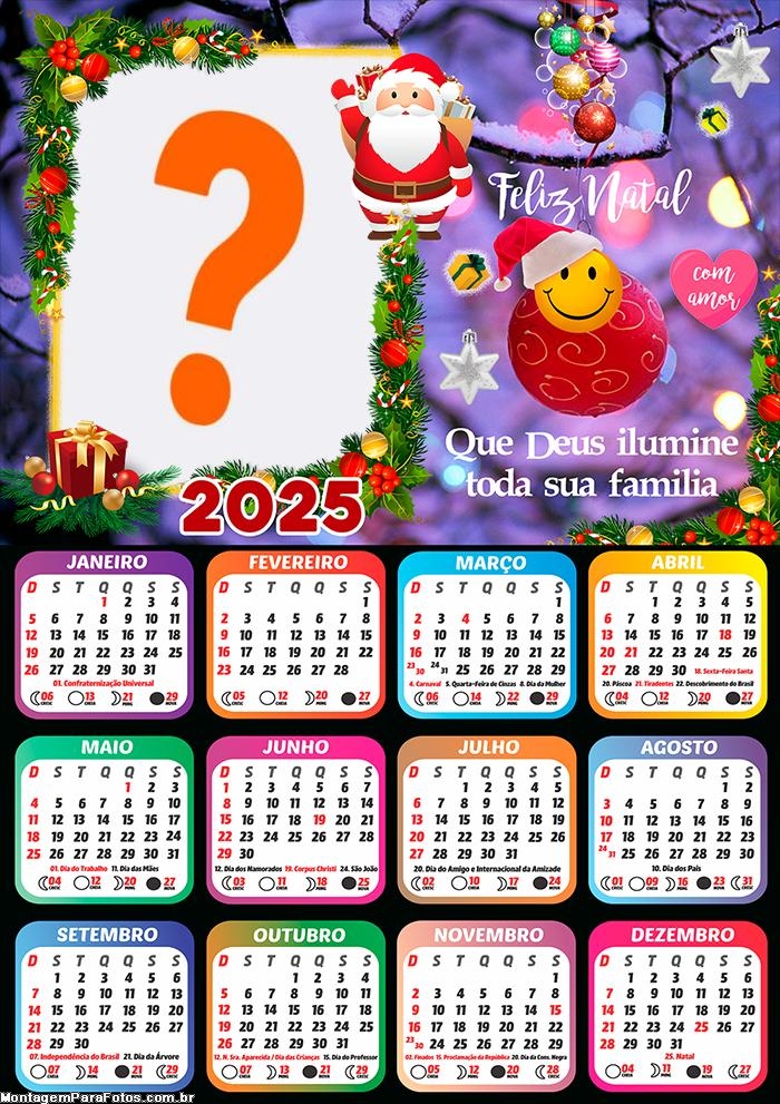 Calendário 2025 Feliz Natal que Deus ilumine sua família Montagem Online