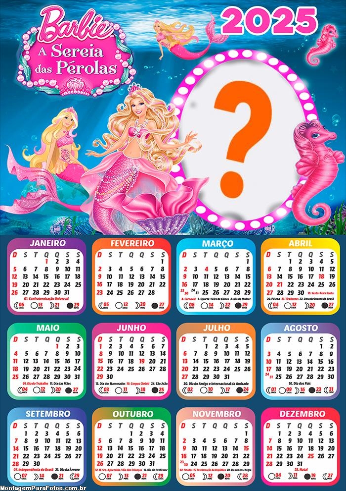 Calendário 2025 Barbie A Sereia das Pérolas Foto Montagem Online