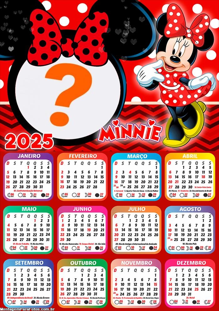 Calendário 2025 Minnie Vestido Vermelho Montagem Online