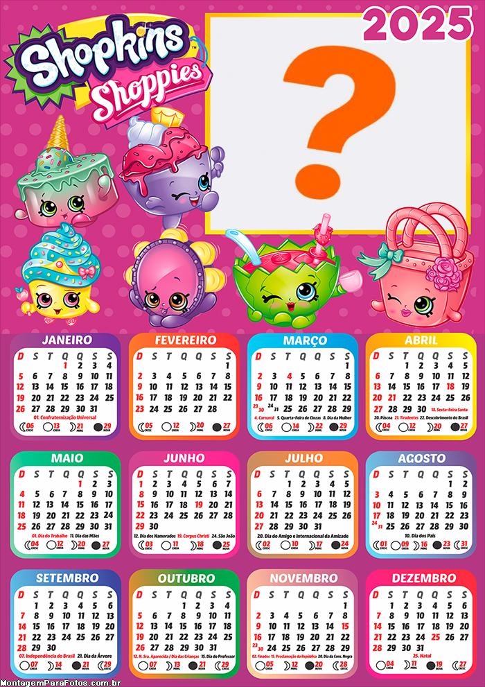 Calendário 2025 Shopkins Shoppies Foto Montagem Online