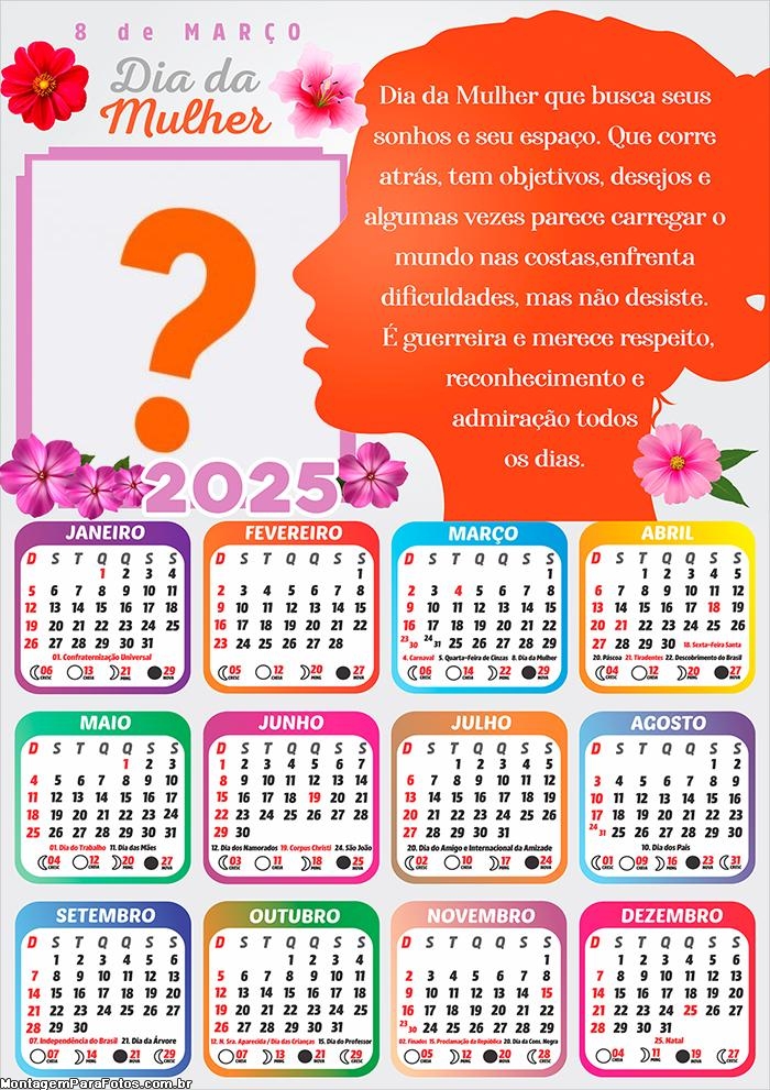 Calendário 2025 Dia Da Mulher 8 de Março Mensagem Montagem