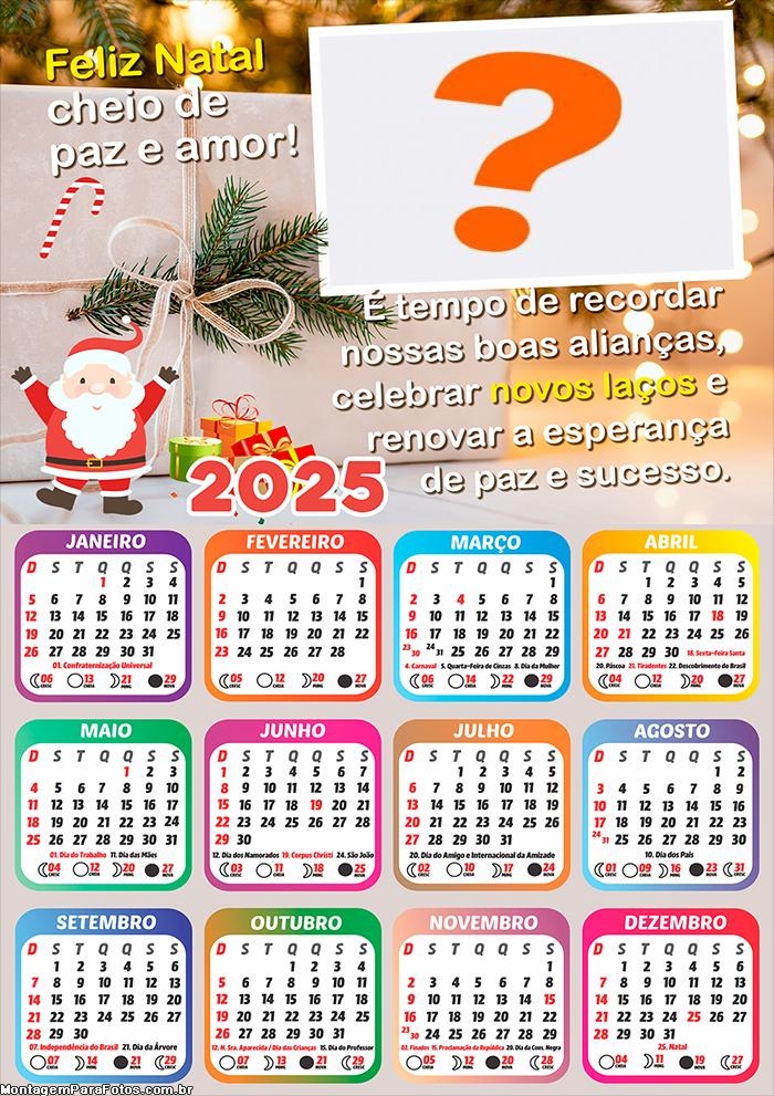 Calendário 2025 Feliz Natal Cheio de Paz e Amor Montagem de Foto