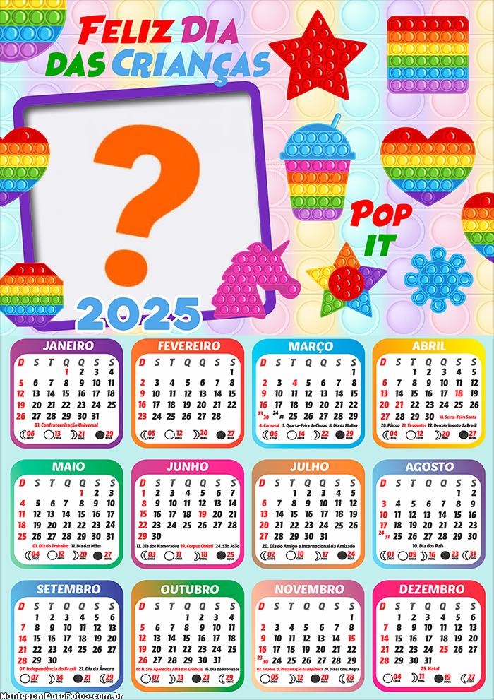 Calendário 2025 Feliz Dia das Crianças Pop It Color Colagem de Foto