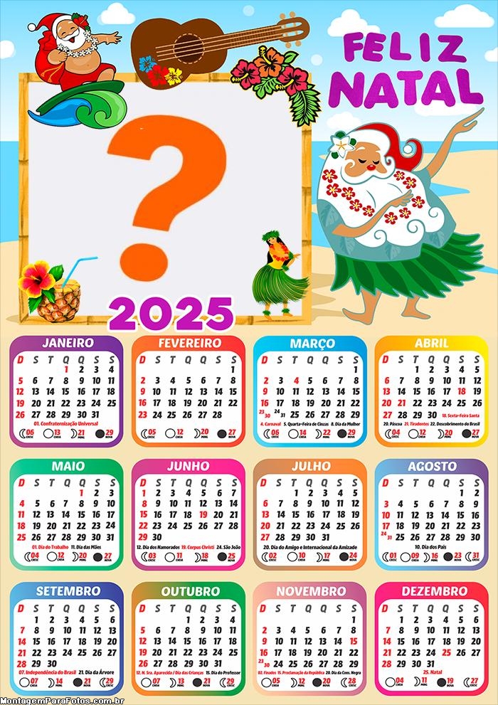 Calendário 2025 Papai Noel Havaiano Montagem Online