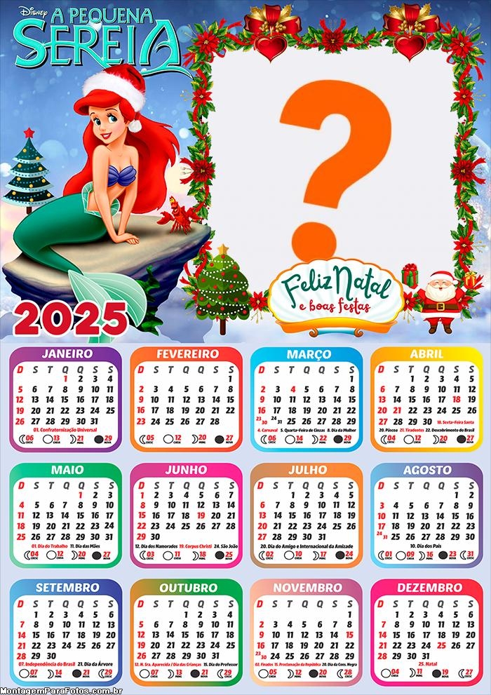 Calendário 2025 Feliz Natal A Pequena Sereia Montagem Online