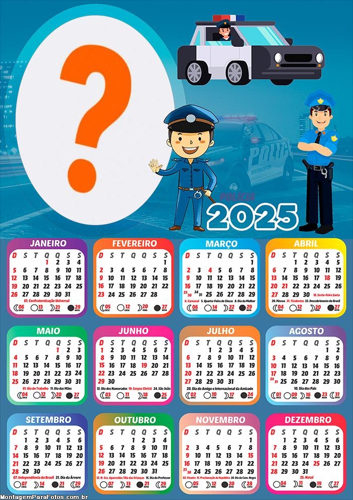 Calendário 2025 Polícia Tema Infantil Colagem de Foto