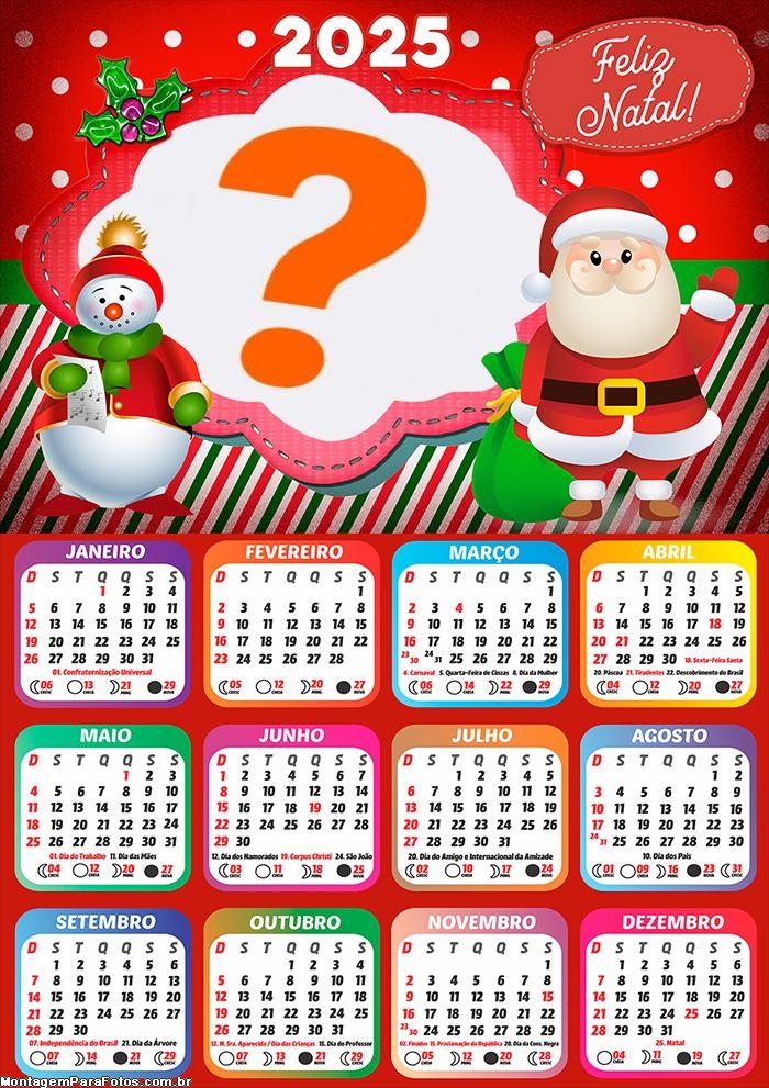 Calendário 2025 Feliz Natal Papai Noel Cute Montagem Online