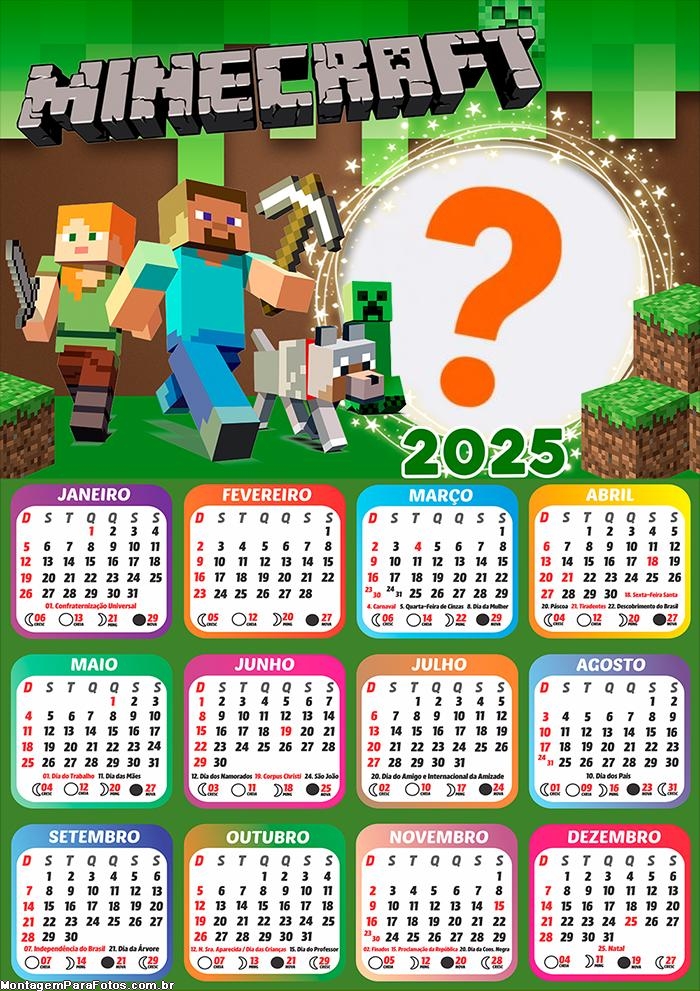 Calendário 2025 Minecraft Montagem Grátis Online