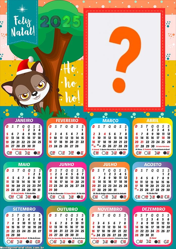 Calendário 2025 Lobo Mau Cute Feliz Natal Moldura Online