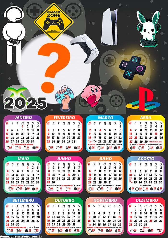 Calendário 2025 Gamer Colagem de Foto