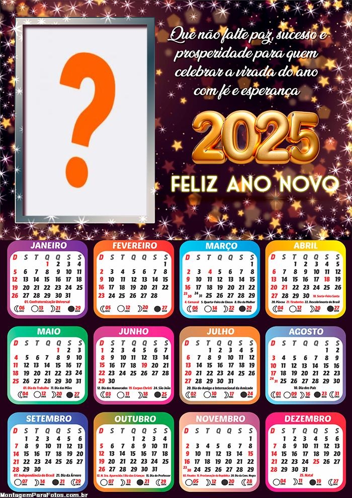 Calendário 2025 Virada do Ano com Fé e Esperança Montar Grátis