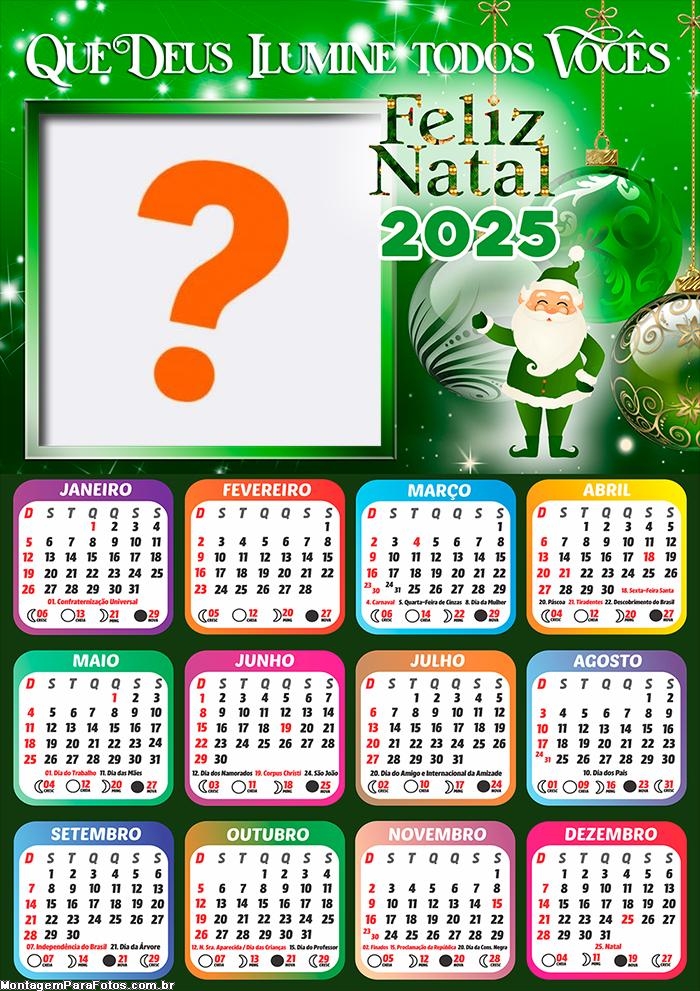 Calendário 2025 Feliz Natal Papai Noel Verde Montagem Online