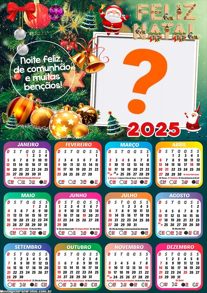 Calendário 2025 Comunhão e Muitas Bençãos Feliz Natal Grátis Online