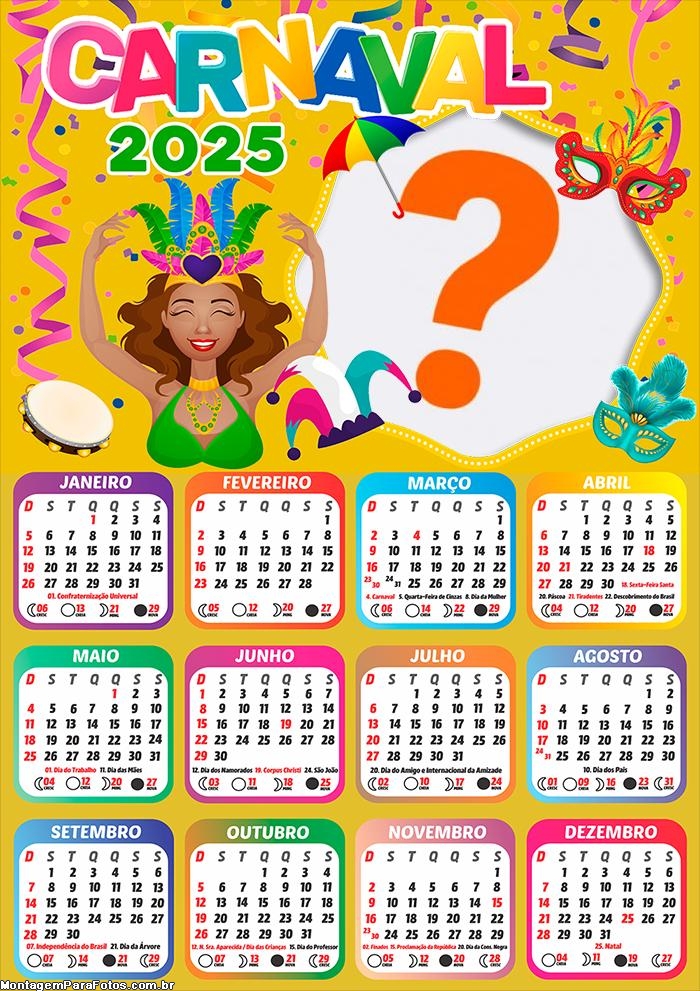 Calendário 2025 Carnaval Moldura Online