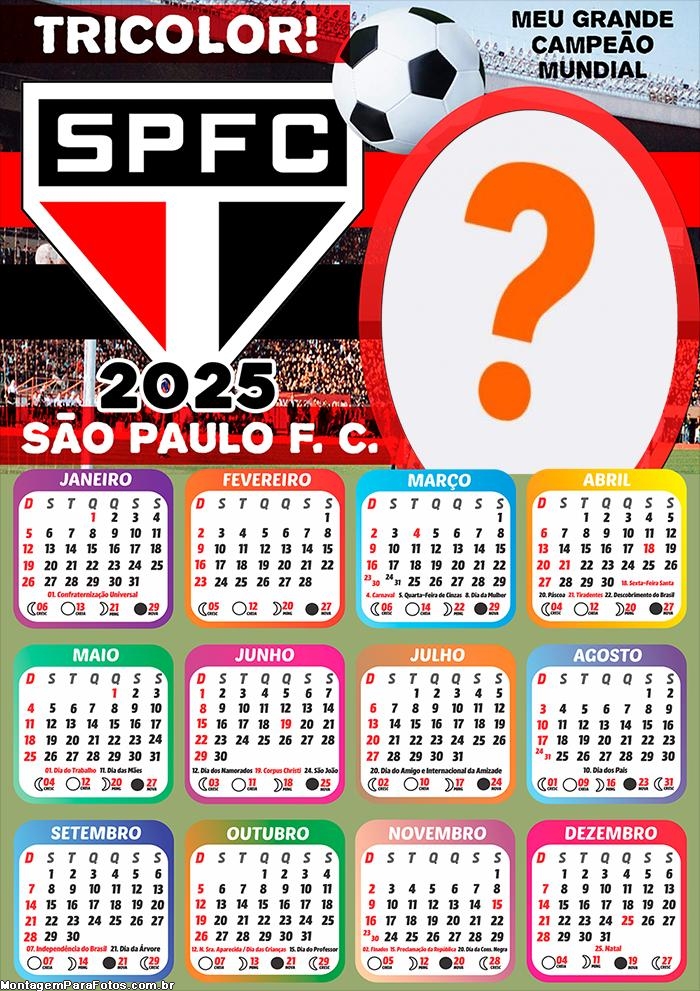 Calendário 2025 São Paulo Futebol Foto Montagem Online