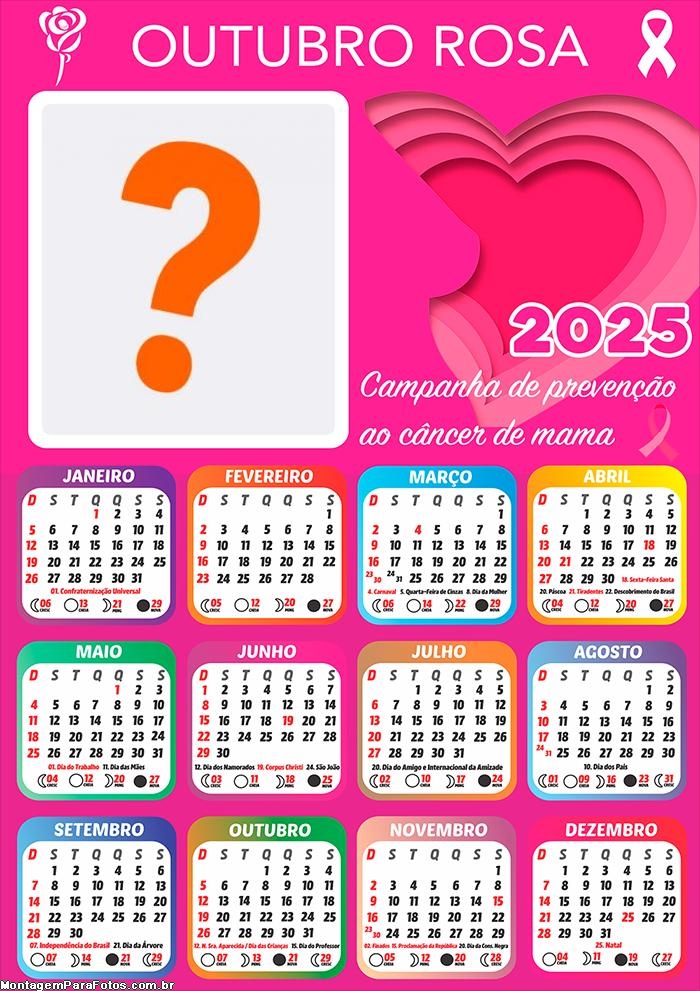 Calendário 2025 Outubro Rosa Montagem Grátis Online