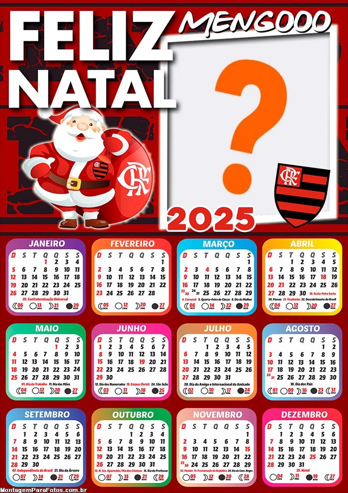 Calendário 2025 Papai Noel Flamenguista Montagem Online