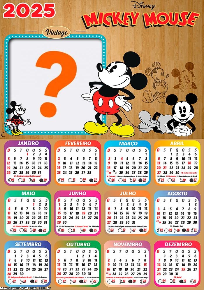 Calendário 2025 Mickey Vintage Montagem Grátis Online