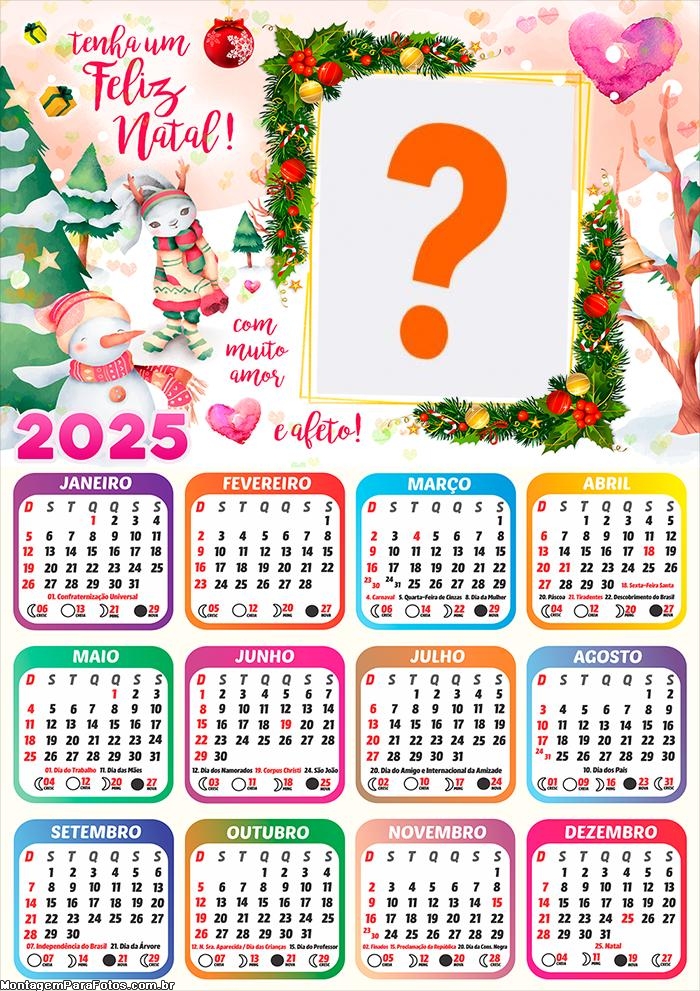 Calendário 2025 Feliz Natal com Muito Amor Montagem de Foto