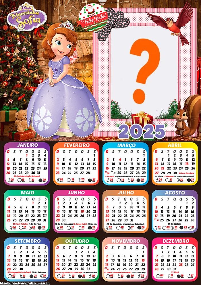 Calendário 2025 Feliz Natal Princesinha Sofia Montagem Online