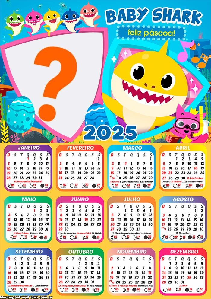 Foto Calendário 2025 Feliz Páscoa Baby Shark Moldura