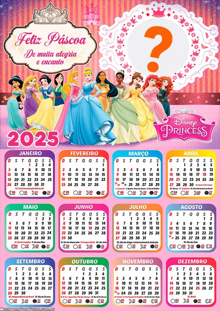 Calendário 2025 Feliz Páscoa Princesas da Disney Montagem Online