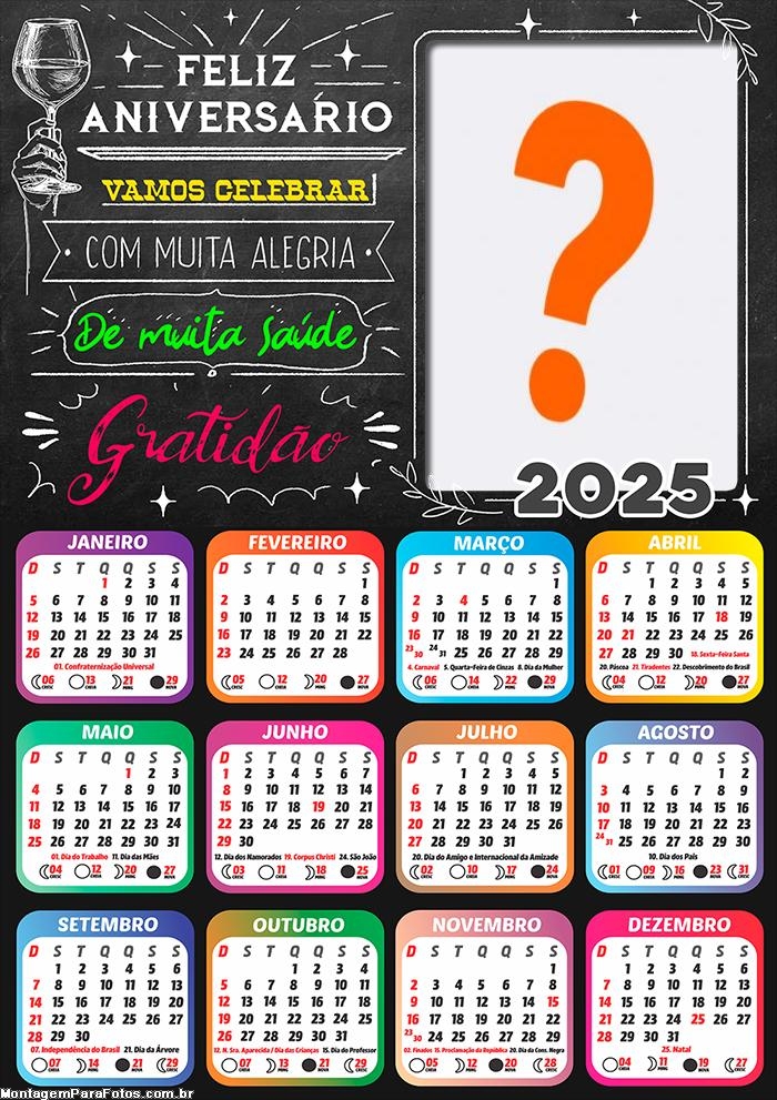 Calendário 2025 Feliz Aniversário Gratidão Montagem Online