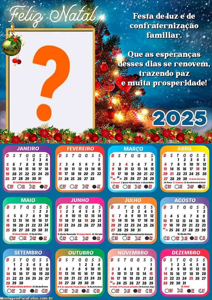 Calendário 2025 Renovação e Paz Feliz Natal Colagem Grátis