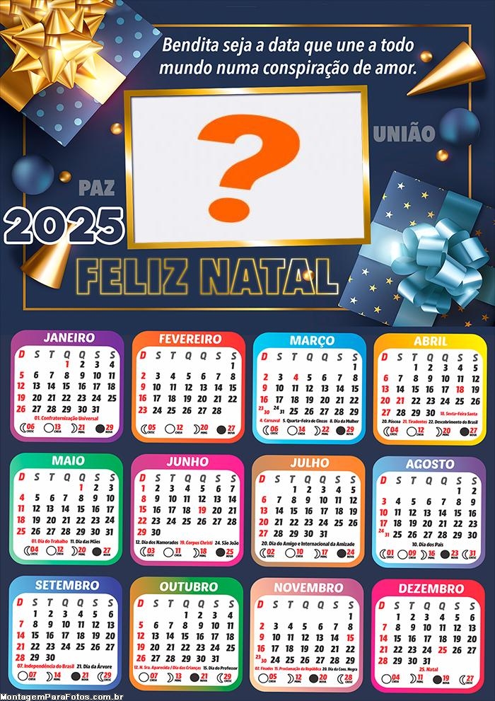 Calendário 2025 Data que une a todos Feliz Natal Grátis Online