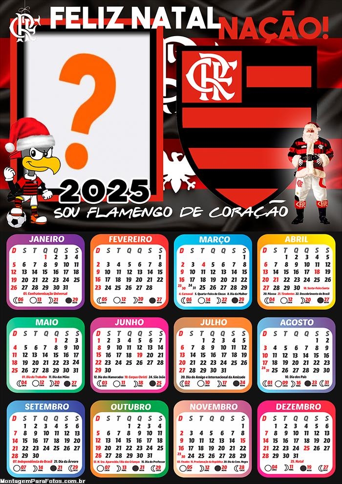 Calendário 2025 Feliz Natal Flamengo Montagem de Foto