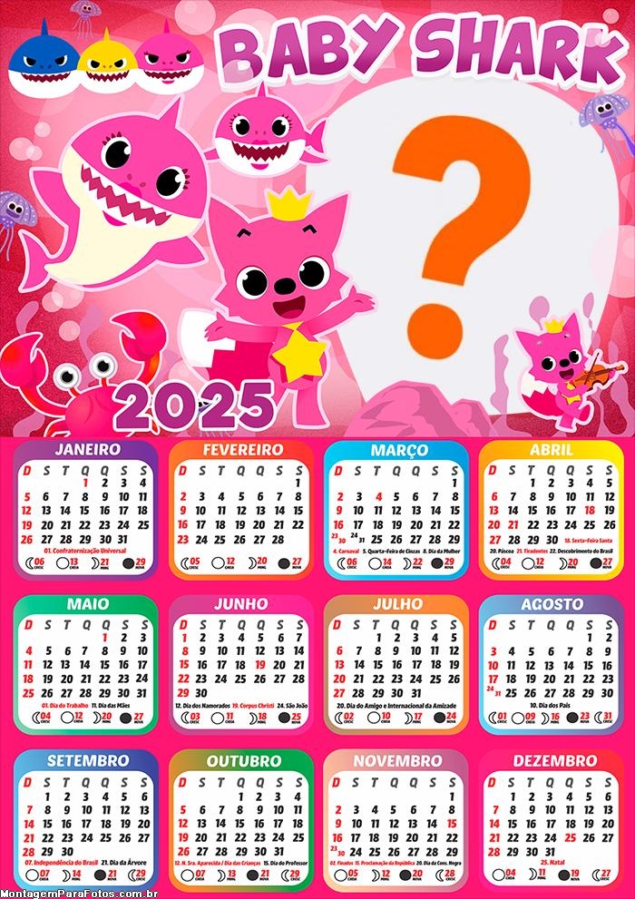 Calendário 2025 Baby Shark para Meninas Fazer Online