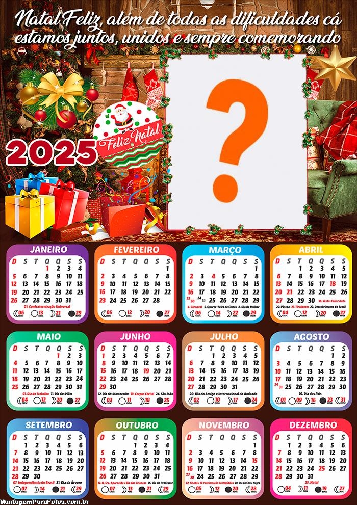 Calendário 2025 Unidos e Sempre Comemorando Feliz Natal Foto Montagem Grátis