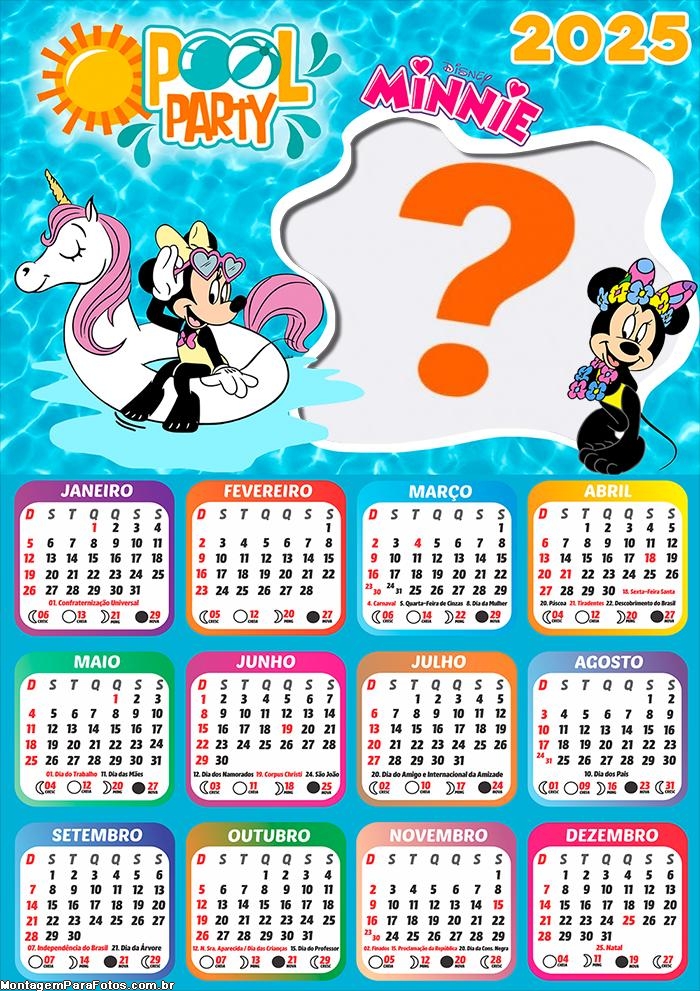 Calendário 2025 Minnie Pool Party Montagem Grátis Online