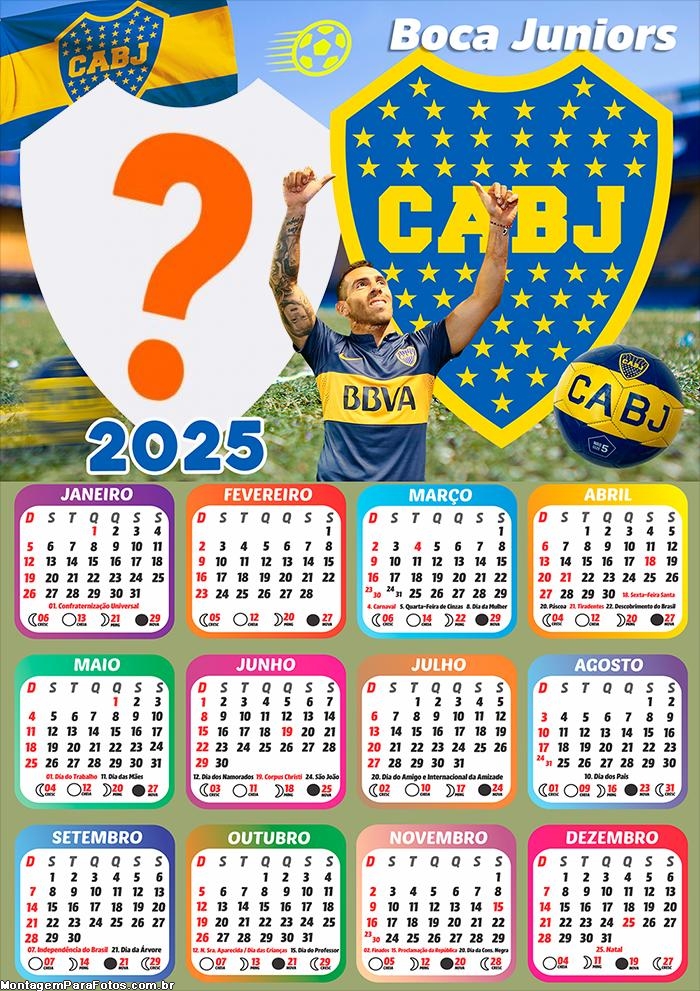 Calendário 2025 Boca Juniors Time de Futebol Foto Montagem Grátis