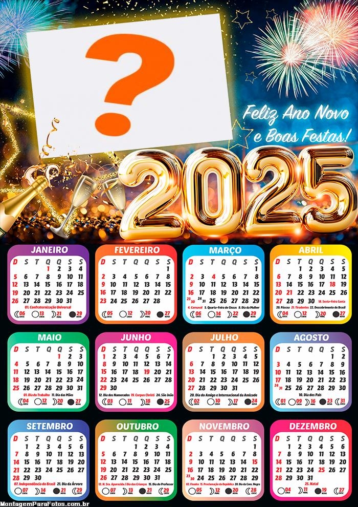 Calendário 2025 Feliz Ano Novo e Boas Festas Colagem de Foto